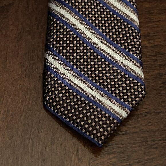 Pronto Uomo Platinum Brown Blue 100% Silk Men’s Neck Tie Made In China - Picture 6 of 9